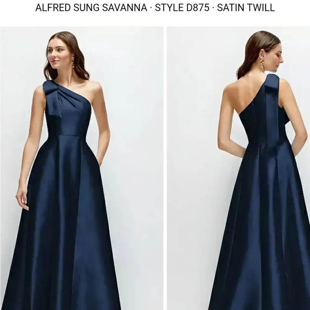 NWT Alfred Sung Maxi Dress Midnight Blue One Shoulder Gown Size 10 - Picture 13 of 14